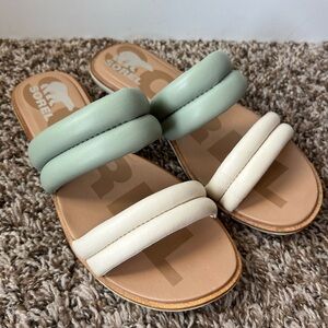 Sorel green white Ella II Puff 2 strap leather slide sandals Women’s sz 8